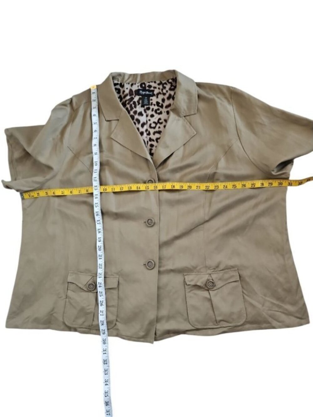 Maggie Barnes 3X Tan Linen Blend Blazer Short Sleeve Leopard Print Lining - Picture 8 of 8